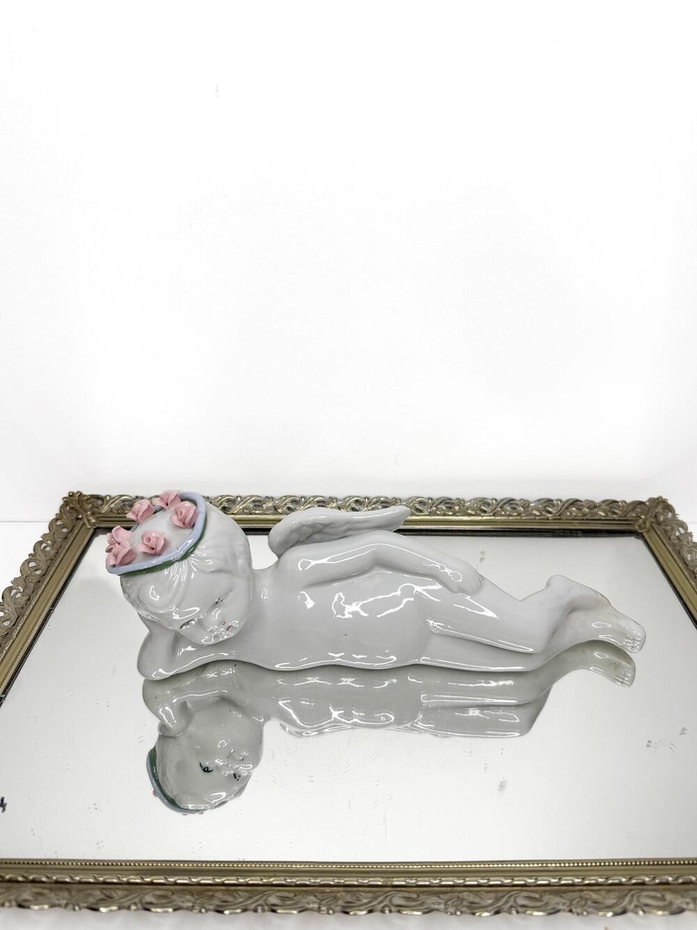 Vintage Porcelain Angel Figurine – Small White Cherub with Floral Crown, 4”